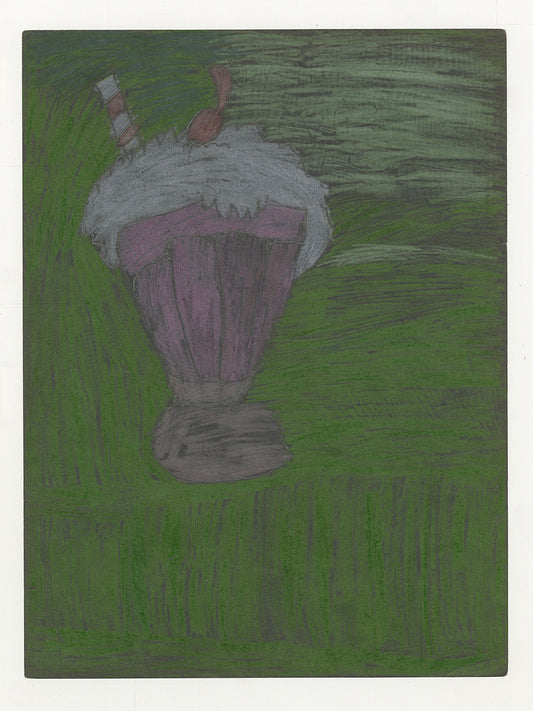 This is a drawing of a tall purple ice cream sundae glass topped with whipped cream and a cherry, set against a dark green background. A striped wafer stick leans out from the whipped topping. The artwork has visible textured strokes and muted shading, giving the dessert a soft, dreamlike appearance.