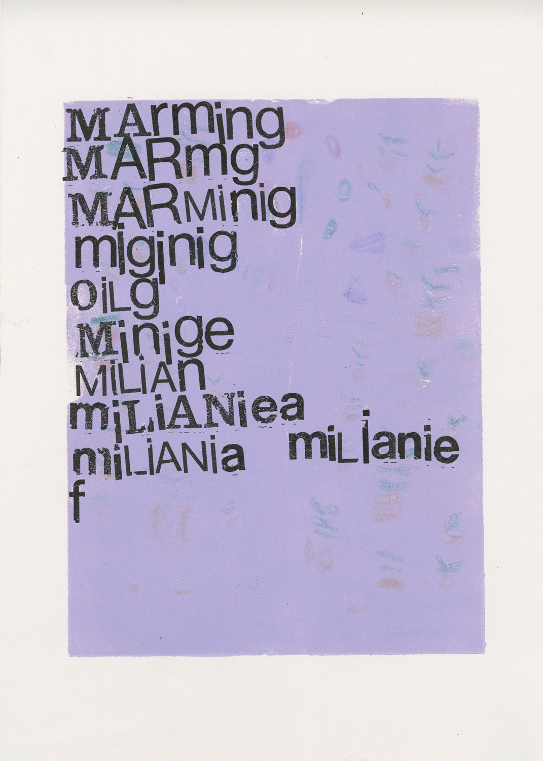 A mixed media print on white paper. The background is a square of pale lavender with the outlines of shapes on the surface. Printed onto the top left corner of the paper are letters to form names and sounds.