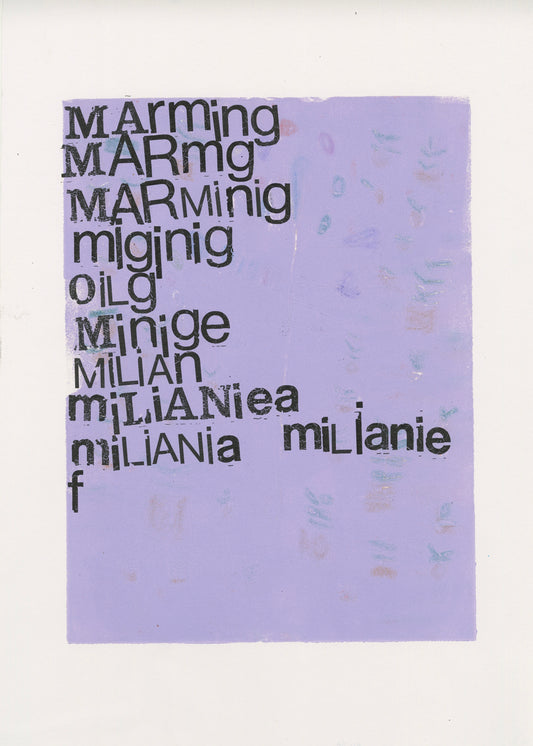 A mixed media print on white paper. The background is a square of pale lavender with the outlines of shapes on the surface. Printed onto the top left corner of the paper are letters to form names and sounds.