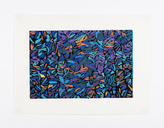 An abstract composition of a rectangular field filled with short, overlapping brushstrokes in a variety of vivid colors. The brushstrokes are primarily in shades of blue, purple, orange, and teal, set against a dark background, creating a dynamic and textured appearance. The strokes are densely packed, with no discernible pattern, giving the piece a vibrant, energetic feel. The overall effect is somewhat reminiscent of a field of scattered leaves or confetti.