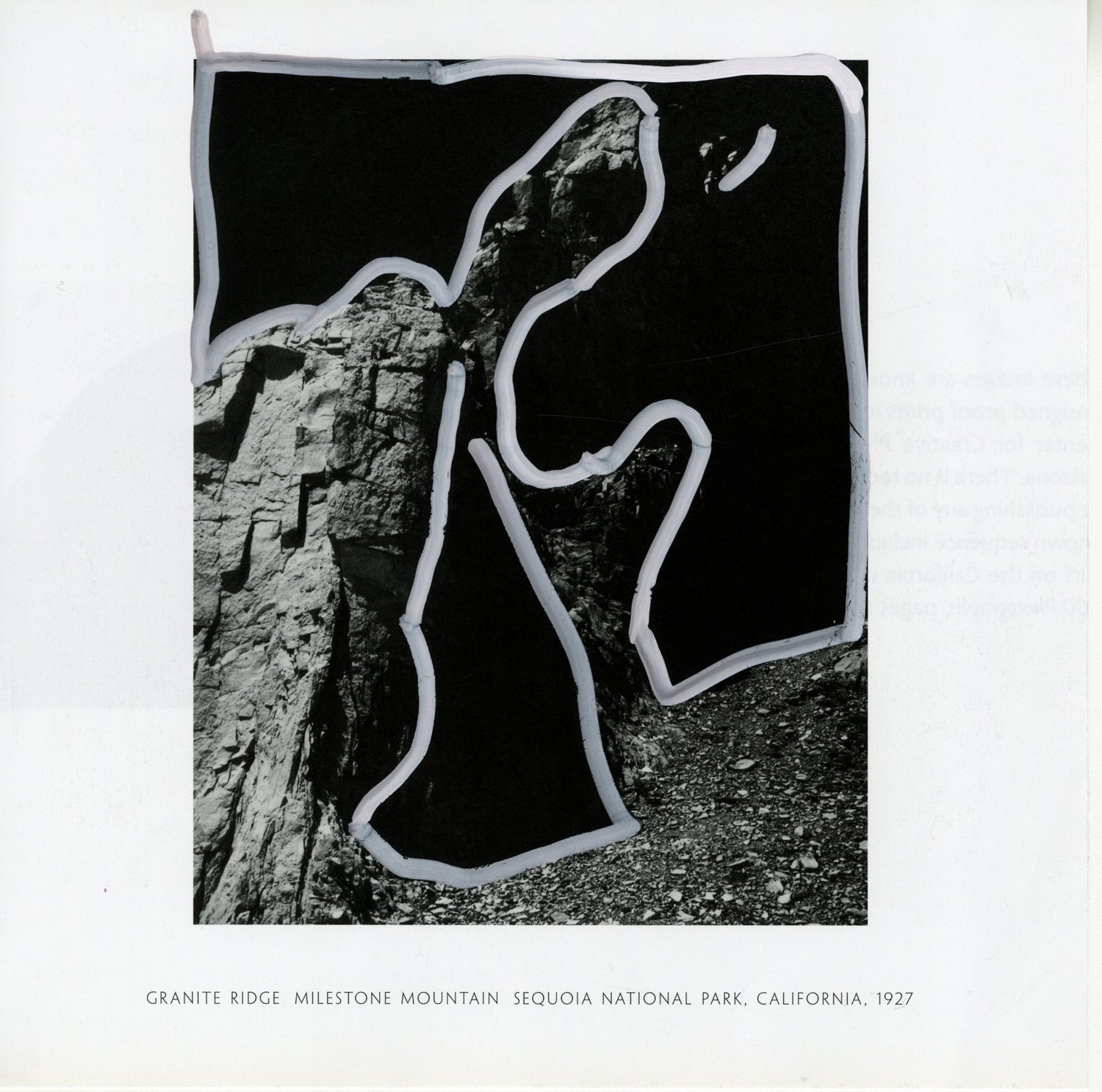 Black and white photograph of a mountain ridge with a white outline, labeled "Granite Ridge, Milestone Mountain, Sequoia National Park, California, 1927."