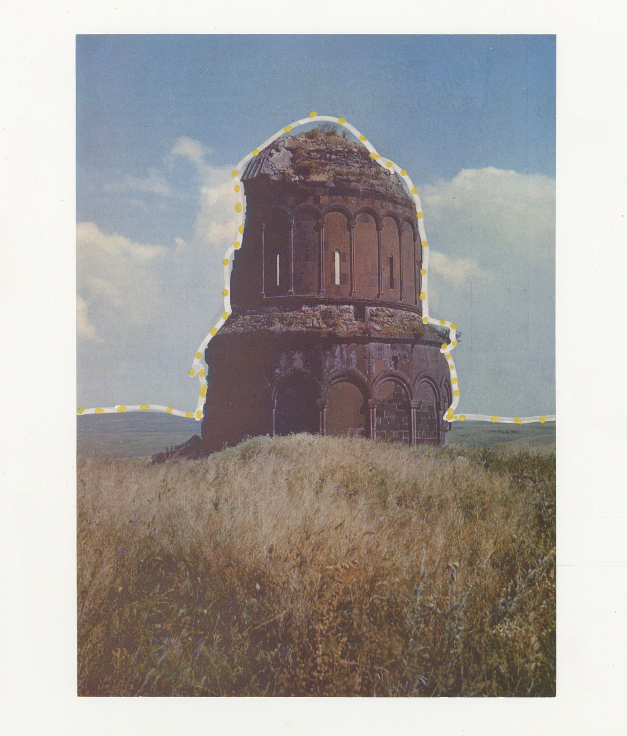 This mixed media piece incorporates gold and grey elements on a found magazine page. The magazine page contains a photograph of Ani that is outlined with a grey border. On top of the grey border are gold dotted details.