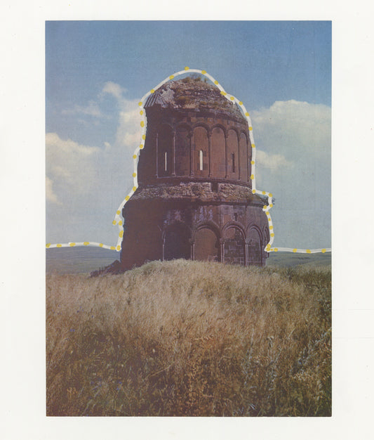 This mixed media piece incorporates gold and grey elements on a found magazine page. The magazine page contains a photograph of Ani that is outlined with a grey border. On top of the grey border are gold dotted details.