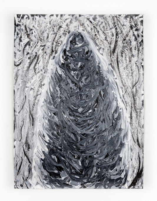 An abstract black and white painting of a whale fin that is surrounded by lines resembling water currents.