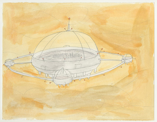 A watercolor illustration on paper detailing an imagined dome city on another planet. The city is a series of small round enclosures connected by tubular walkways. In the center is the largest dome which contains many buildings. The domes are drawn with pencil and accented with red dots. Viewed from the distance, the city is shaped like a large donut containing two smaller circles, and the dome enclosures are positioned at each point where the shapes intersect. The background is a wash of orange watercolor.