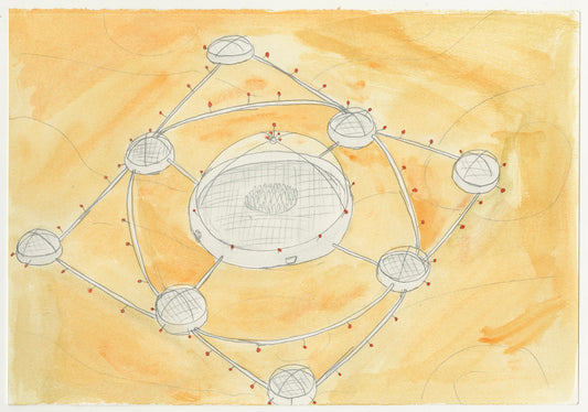 A watercolor illustration on paper detailing an imagined dome city on another planet. The city is a series of round enclosures connected by roads and walkways. The domes are drawn with pencil and accented with red dots. Viewed from above, the city is shaped like a large diamond containing two smaller circles, and the dome enclosures are positioned at each point where the shapes intersect. The background is a wash of orange watercolor.