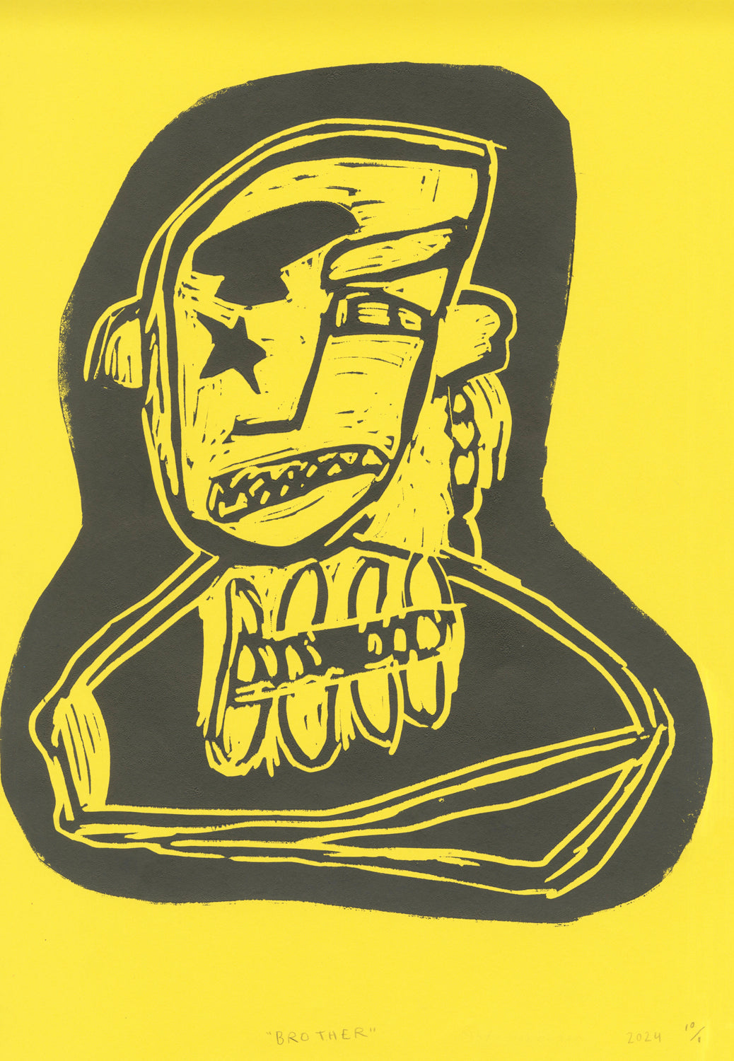 On a bright yellow background, a print of a human figure, primarily a head, with a row of teeth visible.