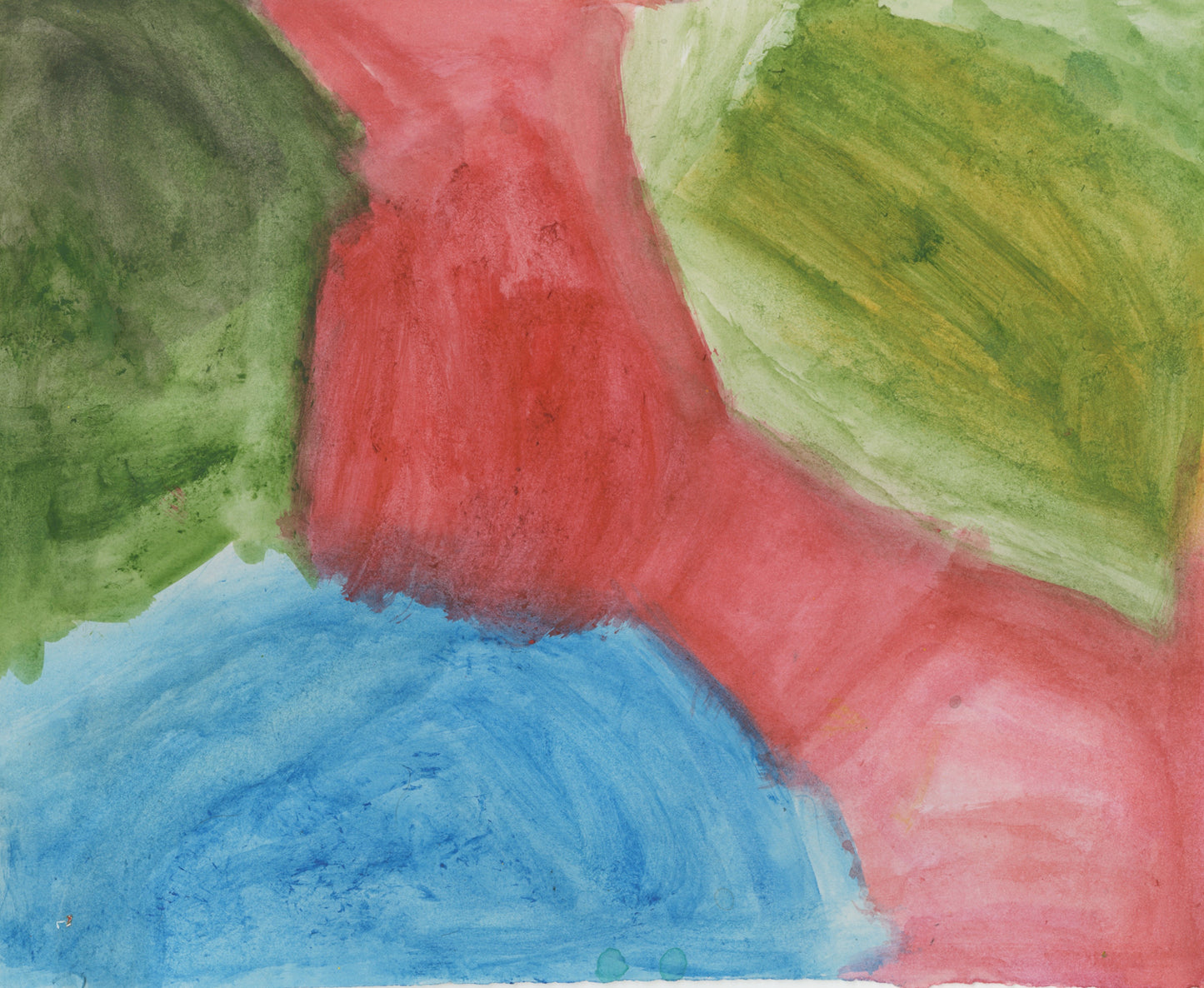 An abstract color field painting on paper. 4 large rounded shapes of color fill the surface: a blue area in the bottom left corner, green in the top left and right corners, and a long diagonal swathe of red growing from the bottom right corner to the top edge. 