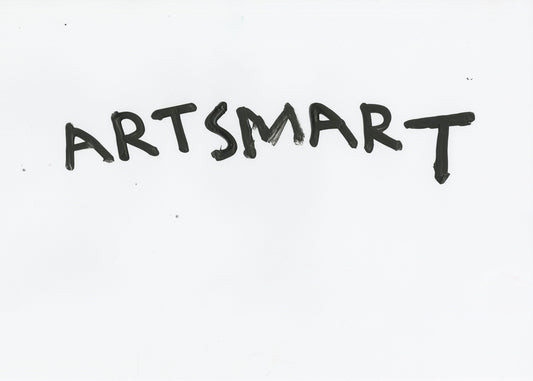 A text painting on white paper. The word is a portmanteau, painted in black paint in all caps across the top of the page. The word spells out: "ARTSMART" 