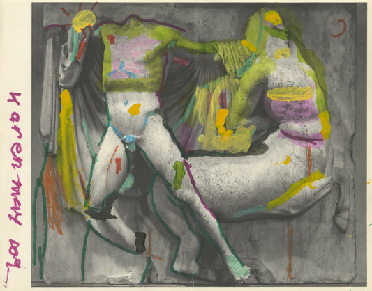 A mixed-media work on paper. The image is a black and white printed reproduction of a broken ancient marble sculpture depicting a cloaked figure intertwined with a centaur. The artist has colored over and outlined sections of this print with marker, making parts of the bodies bright yellow, green, or pink.  The name "Karen May" is written vertically down the left side of the image. 