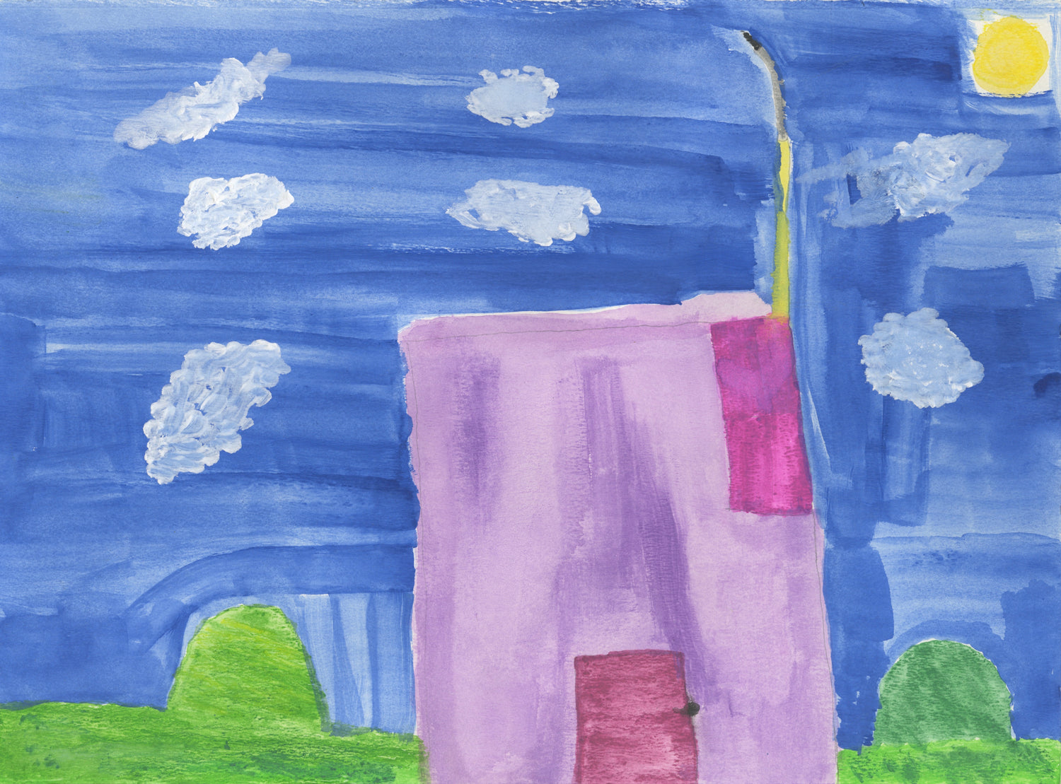 A landscape painting on paper. The image features a square purple house with a maroon door and a thin yellow chimney. The house sits in a green field before a big blue sky dotted with fluffy white clouds. A round yellow sun sits in the top right corner. The paint is applied with a wide square brush and many of the marks go across the surface in straight horizontal or vertical bars.