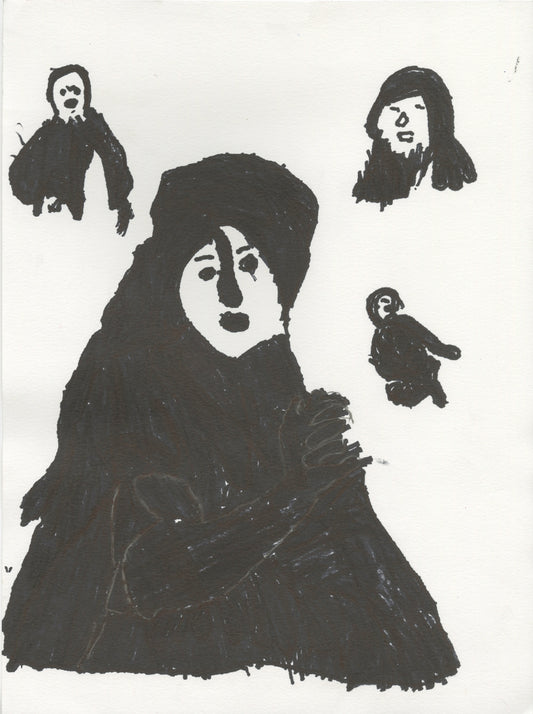 a black marker drawing on white paper. The image features 4 portraits of different sizes, and was made using a light box to trace various figures from art history books. The largest portrait in the foreground has a round white face, and wears a hooded black robe while clasping their hands together. The small figure to the right wears all  black and appears to be kneeling. In the upper right corner there is the head of a figure with dark hair.  In the left corner floats the head and torso of a figure. 