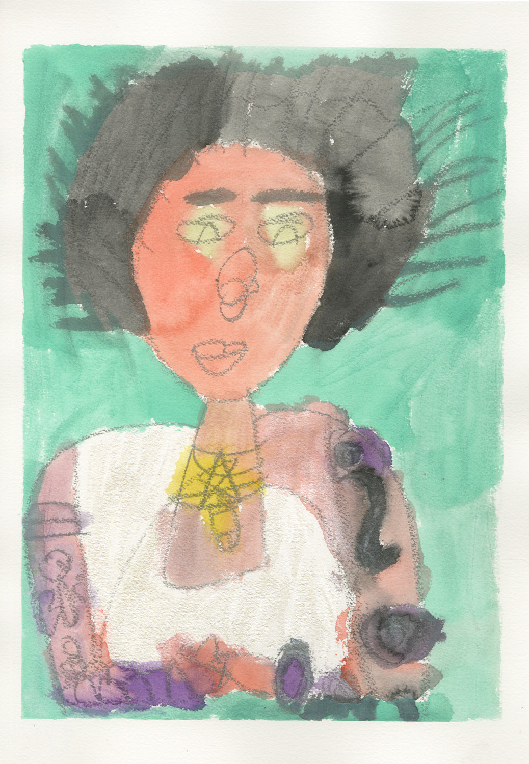 A watercolor and pencil drawing on paper. The image is a portrait of a figure, featuring their head and shoulders. The figure has short black hair, a pink face with yellow eyes, and a white top. They wear a yellow star necklace and have designs resembling tattoos on both arms. They clasp their hands in front of their body and look down. The background is painted green. 