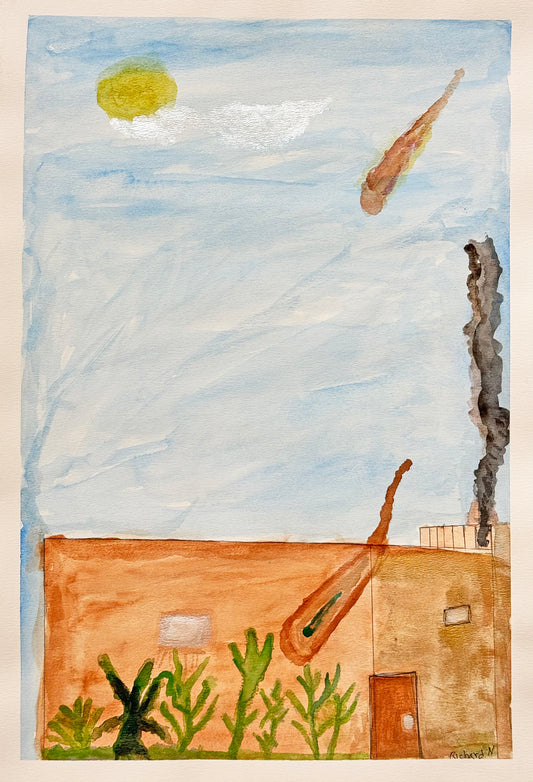 a landscape painting on paper. The image depicts a rectangular brown house with a cactus garden under a tall blue sky. A plume of black smoke rises from the house's short chimney. The sky is dotted with red-tailed comets, one of which descends into the cactus garden. A little yellow sun is positioned in the top left corner. 