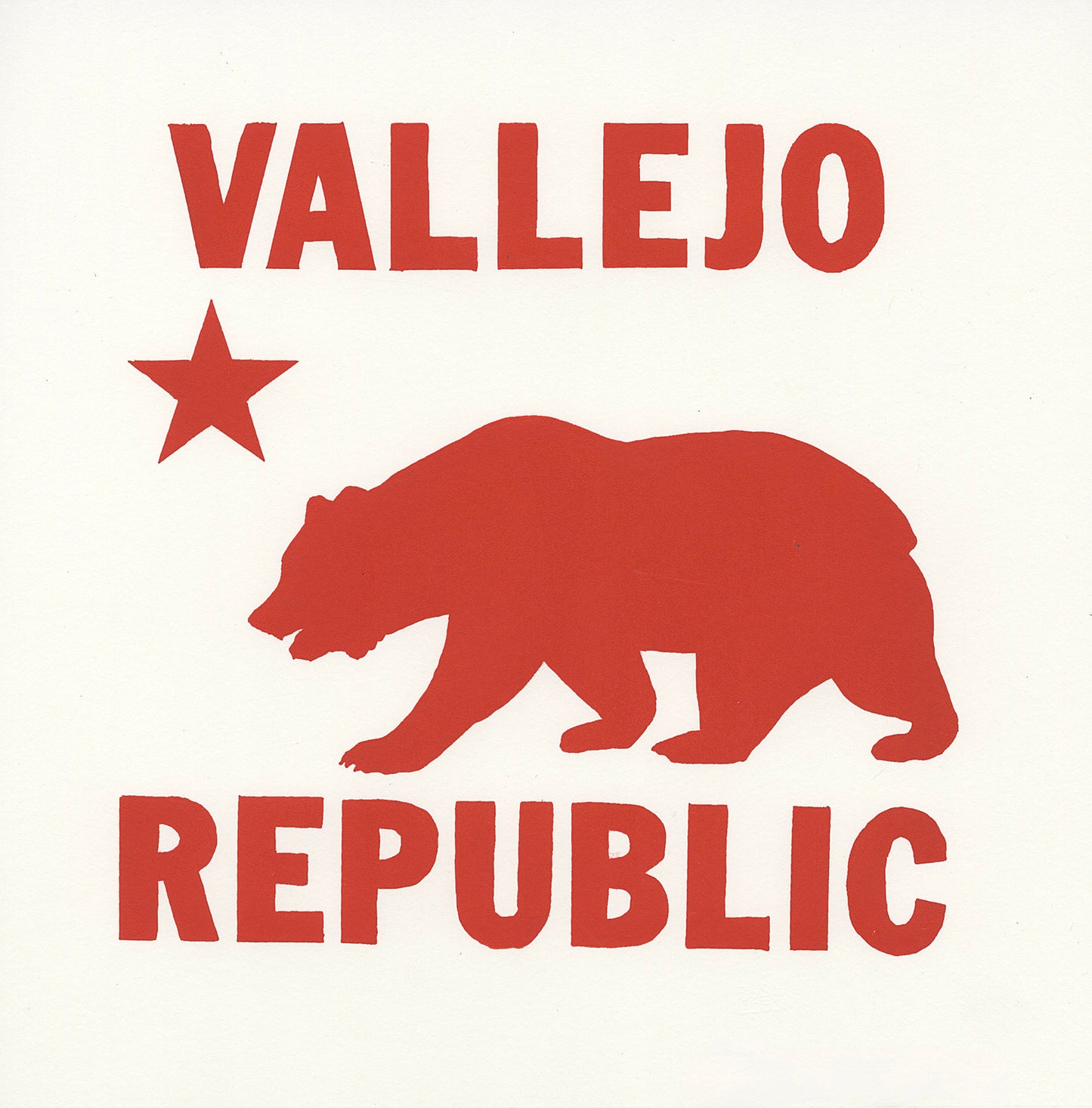 A take on the California flag - a grizzly bear in profile silhouette, a star, and the words "Vallejo" at the top and "republic" at the bottom in bold sans serif font. Red design on white background.