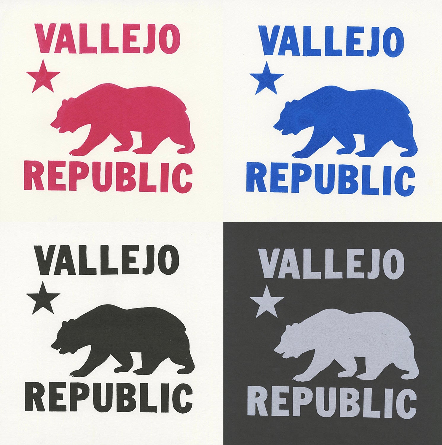 a grid of four square designs:A take on the California flag - a grizzly bear in profile silhouette, a star, and the words "Vallejo" at the top and "republic" at the bottom in bold sans serif font. pink on white, blue on white, black on white and gray on black designs.