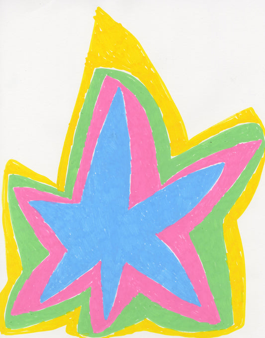 Colorful star-shaped object with a blue center on a white background.