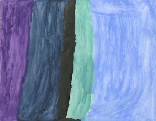 An abstract composition of vertical stripes in hues of purple, blue, and black. 