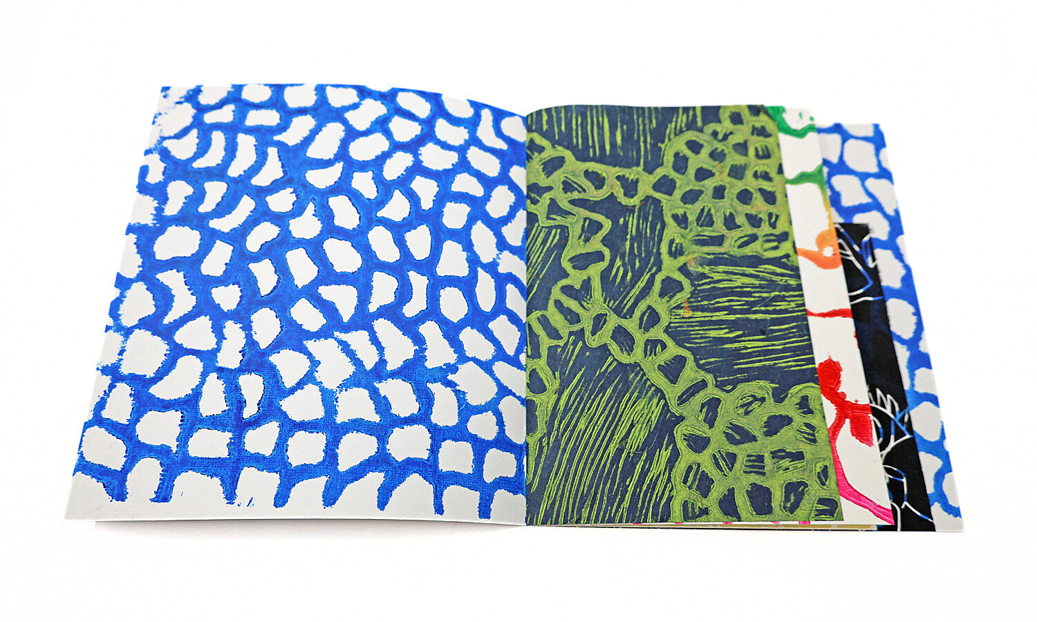 An open book with blue, green, and multicolor designs on a white background.