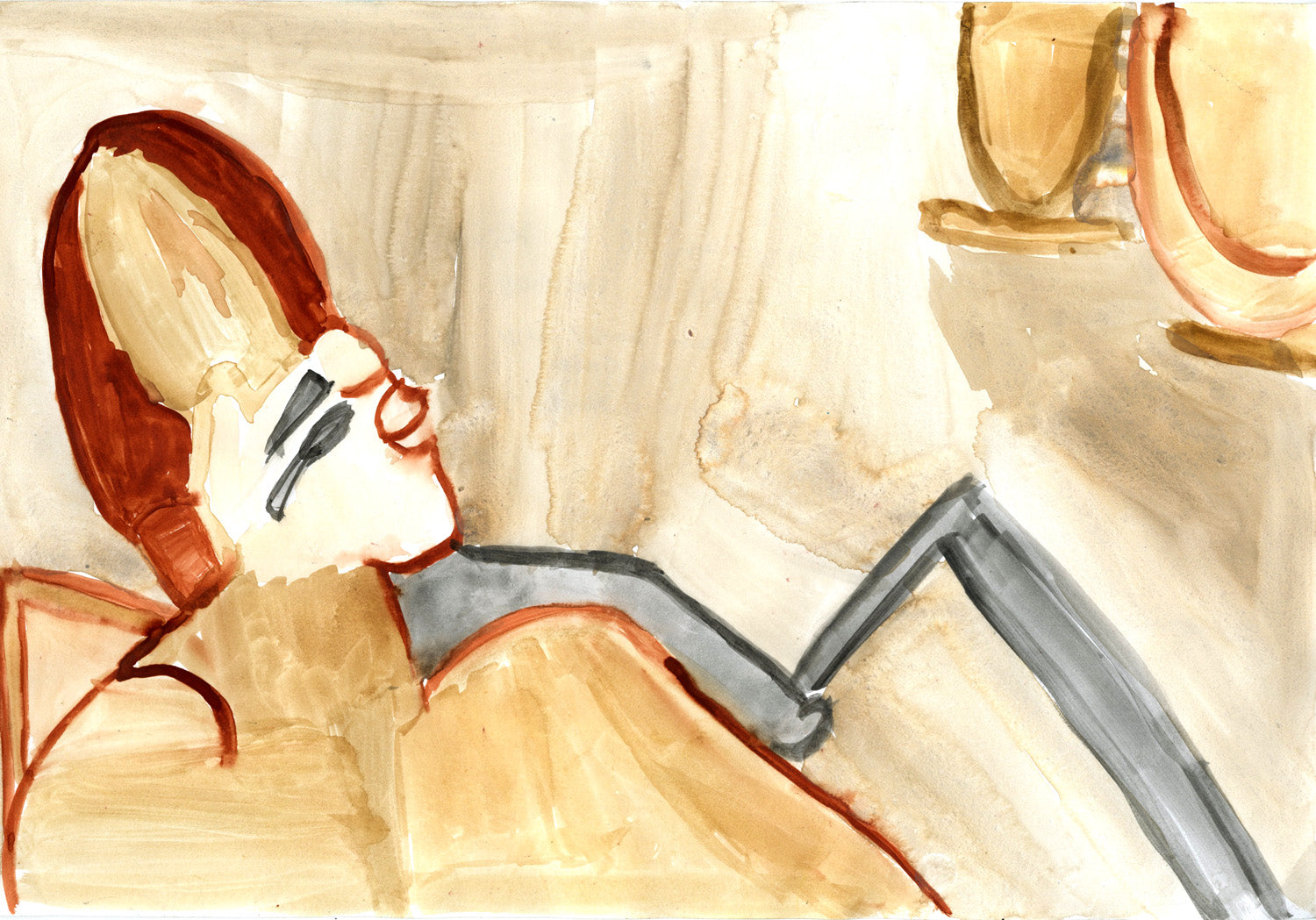 Illustration of a royal person with glasses sitting at a table with a cup and saucer.