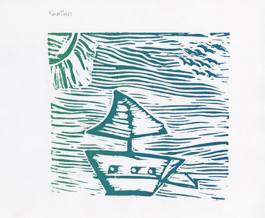 A print on white paper and green ink of a sailboat, wavy lines  of the ocean, gulls, and a sun. 