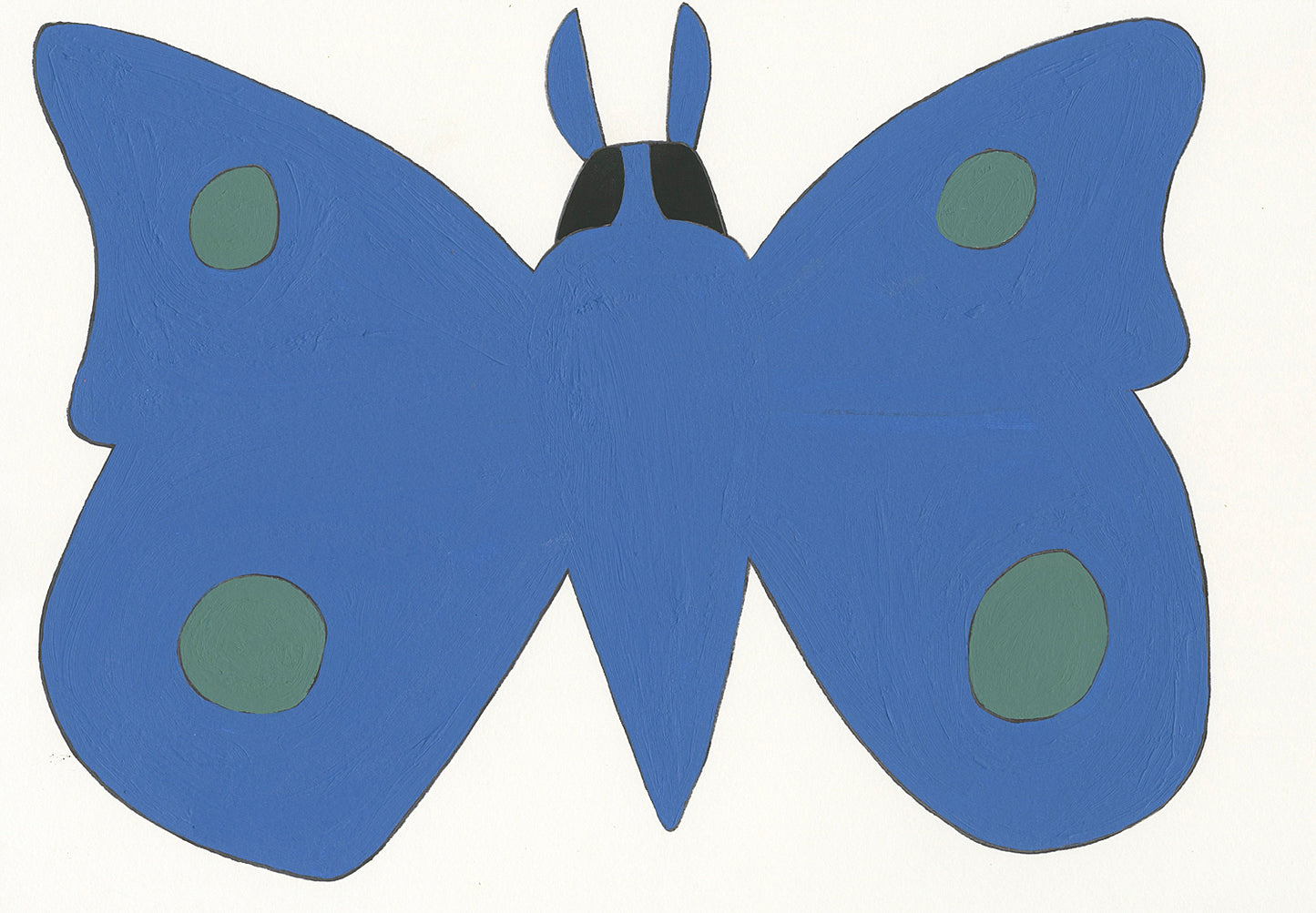 A blue moth with green spots against a white background.