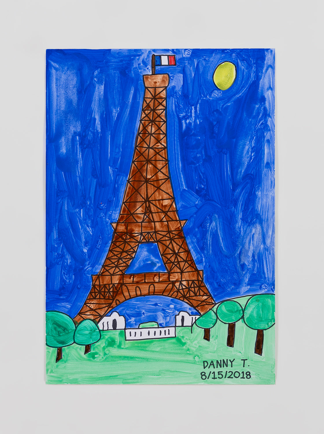 Painting of the Eiffel Tower with a blue sky and moon, signed 'Danny T.'