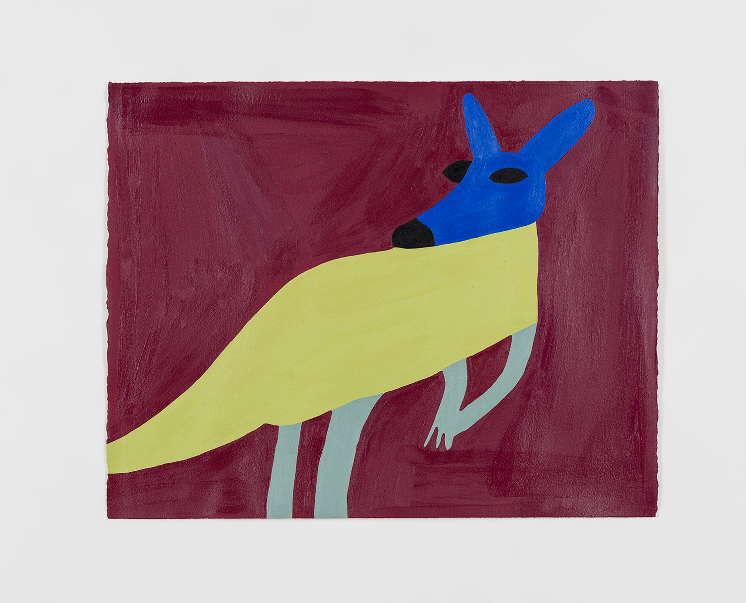 An acrylic painting on paper of a kangaroo or wallaby. The creature is drawn looking over its shoulder toward the left on a deep maroon background. It has a blue head, black eyes and nose, a yellow body, and grey limbs. The painting style is streamlined and flat to emphasize the silhouette of the creature, and the edges of each component part.