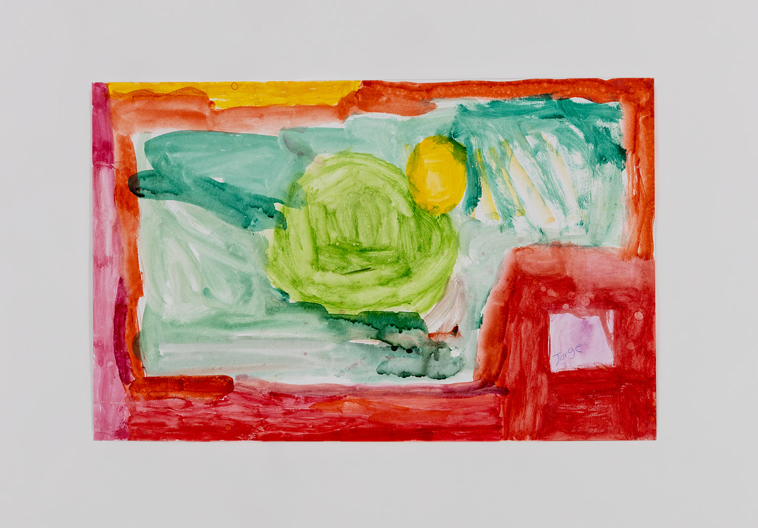 A colorful abstract painting with green and yellow round shapes floating on a pale green background. A bright red and yellow stripe runs around the border. The artist has signed their name in a square in the bottom right: Jorge. 