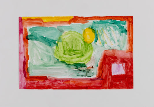 A colorful abstract painting with green and yellow round shapes floating on a pale green background. A bright red and yellow stripe runs around the border. The artist has signed their name in a square in the bottom right: Jorge. 