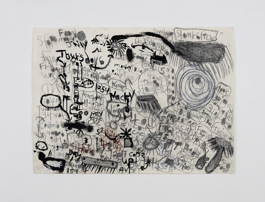 A work on paper made with charcoal and pencil and ink, photographed on a white wall. The surface is covered with a dense pattern of text and symbols. The imagery is built up in layers, and features arrows, suns, storm clouds, and handwritten text referring to weather, time, wrestlers, and movies. 