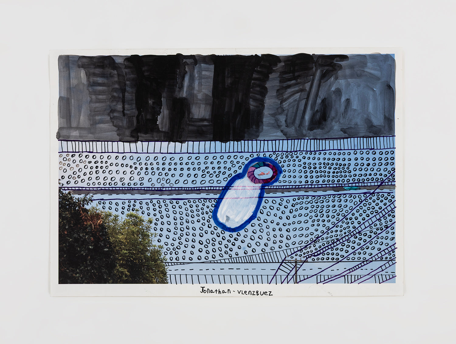 A drawing made on top of a photograph. The photographic image is of the sky with powerlines, a helicopter, and the top of a large bush. The artist has added patterns using ink and paint: the sky is filled with round black circles, dashes, and stripes. In the center of the image, the artist has drawn a circle and striped embellishments around a distant red helicopter. 