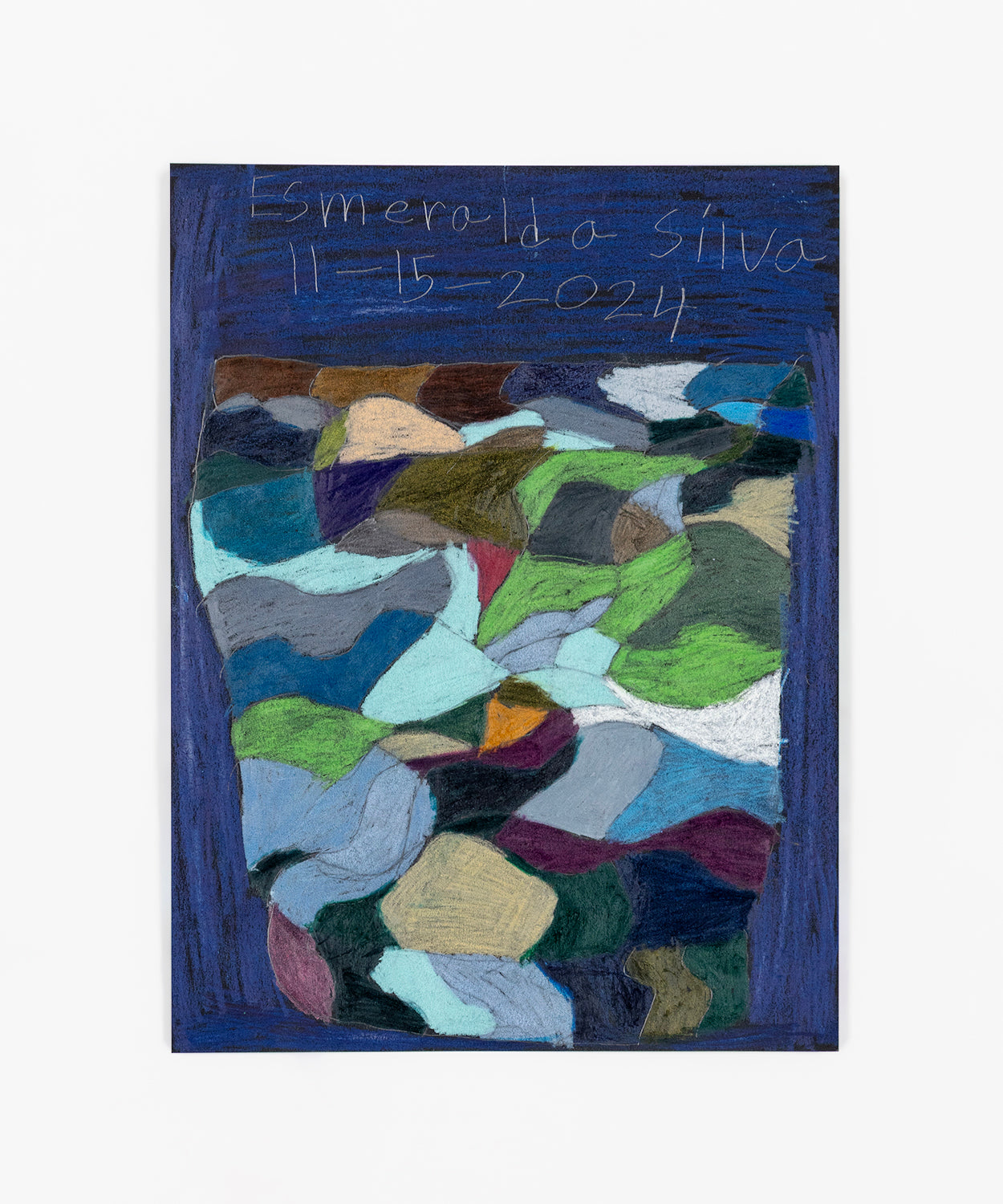 A colorful pencil drawing on dark toned paper. The image features a grid of stacked shapes on a dark blue background. The shapes that make up the grid are each colored a different shade of blue, white, grey, green, brown, or yellow. 