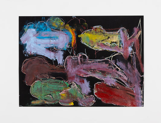 An abstract painting with colorful shapes on a black background