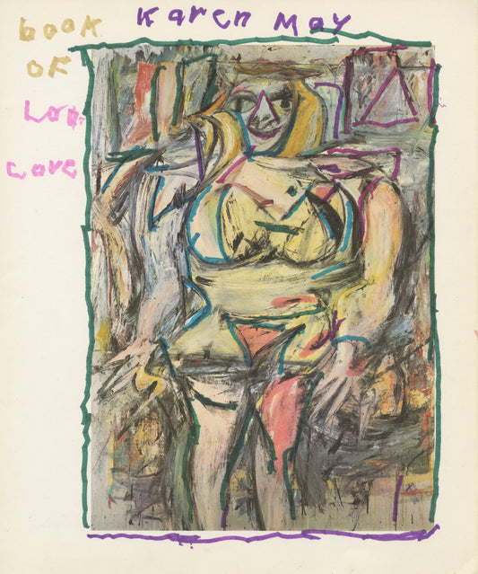 An abstract artwork of a nude figure with text 'book of love' and 'Karen May' against a beige background.