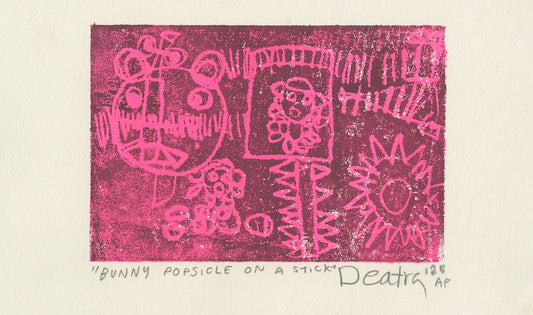 Print of a bunny on a popsicle stick with abstract patterns, in pink ink on cream-colored paper, signed 'Deatra' and dated '25 AP'