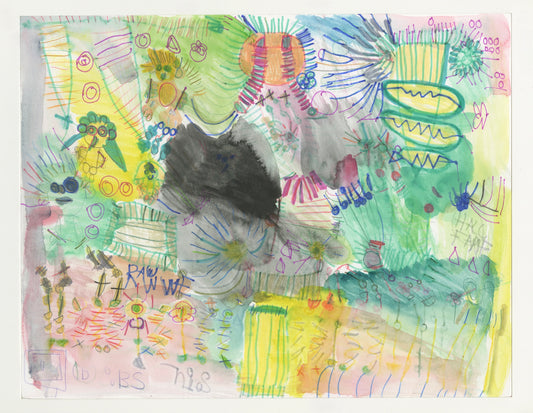 An abstract artwork created with a mix of watercolor and marker. A chaotic yet colorful composition fills the canvas with an array of shapes and patterns. The central portion features a dark, irregularly shaped blotch, contrasting with vibrant colors surrounding it. Yellow, green, and blue hues dominate the background, interspersed with circular and linear patterns. Various abstract forms, such as spirals, circles, zigzags, and lines extend across the artwork. 