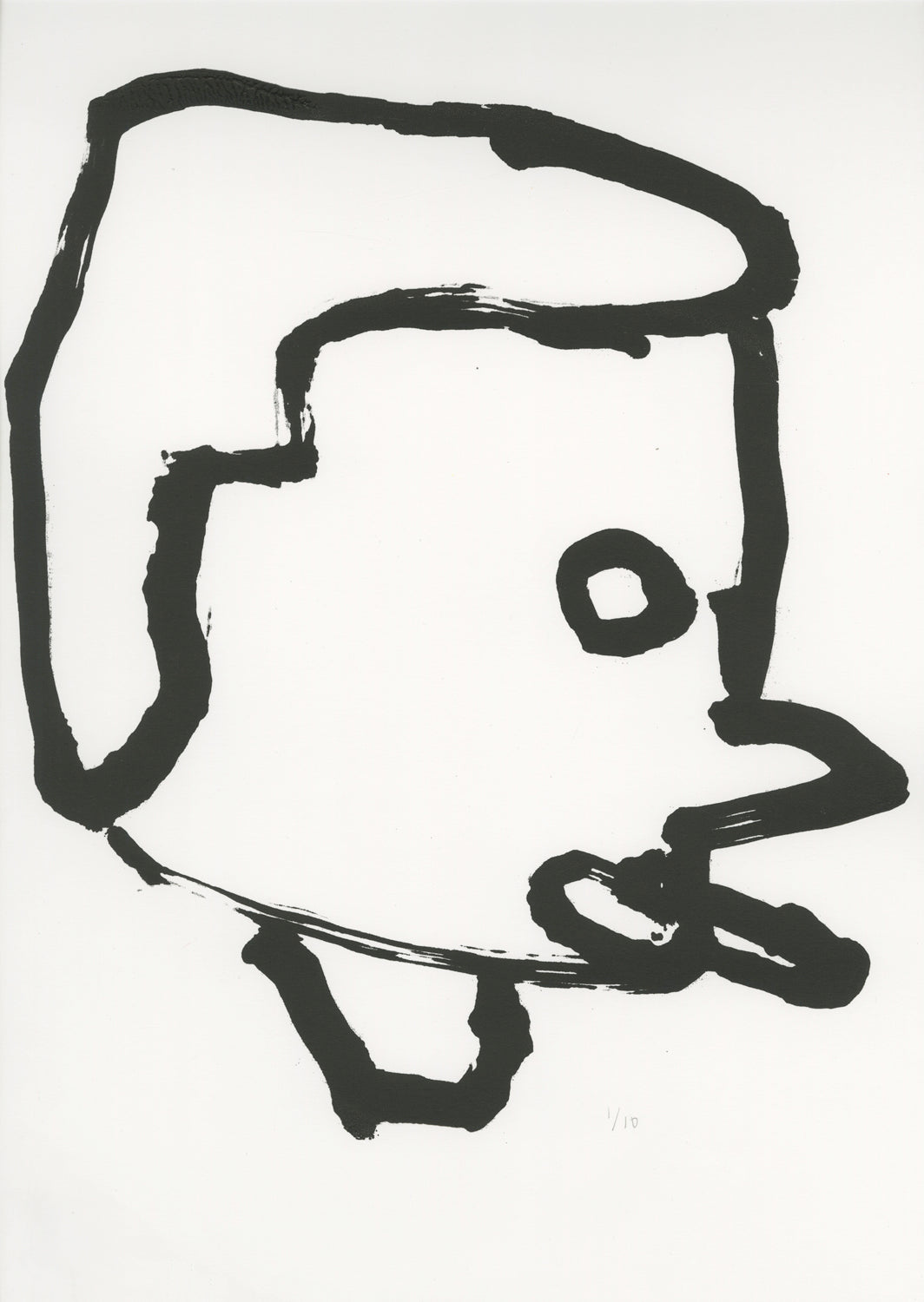 This screen print is a self-portrait of the artist smoking. Black ink was used in contrast to the white background. The use of a thick, painterly black line is consistent throughout the piece.