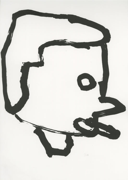 This screen print is a self-portrait of the artist smoking. Black ink was used in contrast to the white background. The use of a thick, painterly black line is consistent throughout the piece.