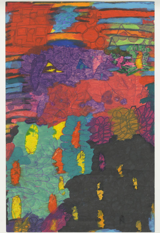 A vibrant abstract artwork with a rich mix of colors and shapes. In the top left corner, a house is sketched with broad, dark marker lines topped with bright red pastel. The background features an array of horizontal and swirling colors, including shades of red, blue, and purple, creating a lively and dynamic composition. The lower section of the image displays swirling lines and patches of color, resembling a field of flowers or abstract figures, with dominant hues of turquoise, orange, and black.