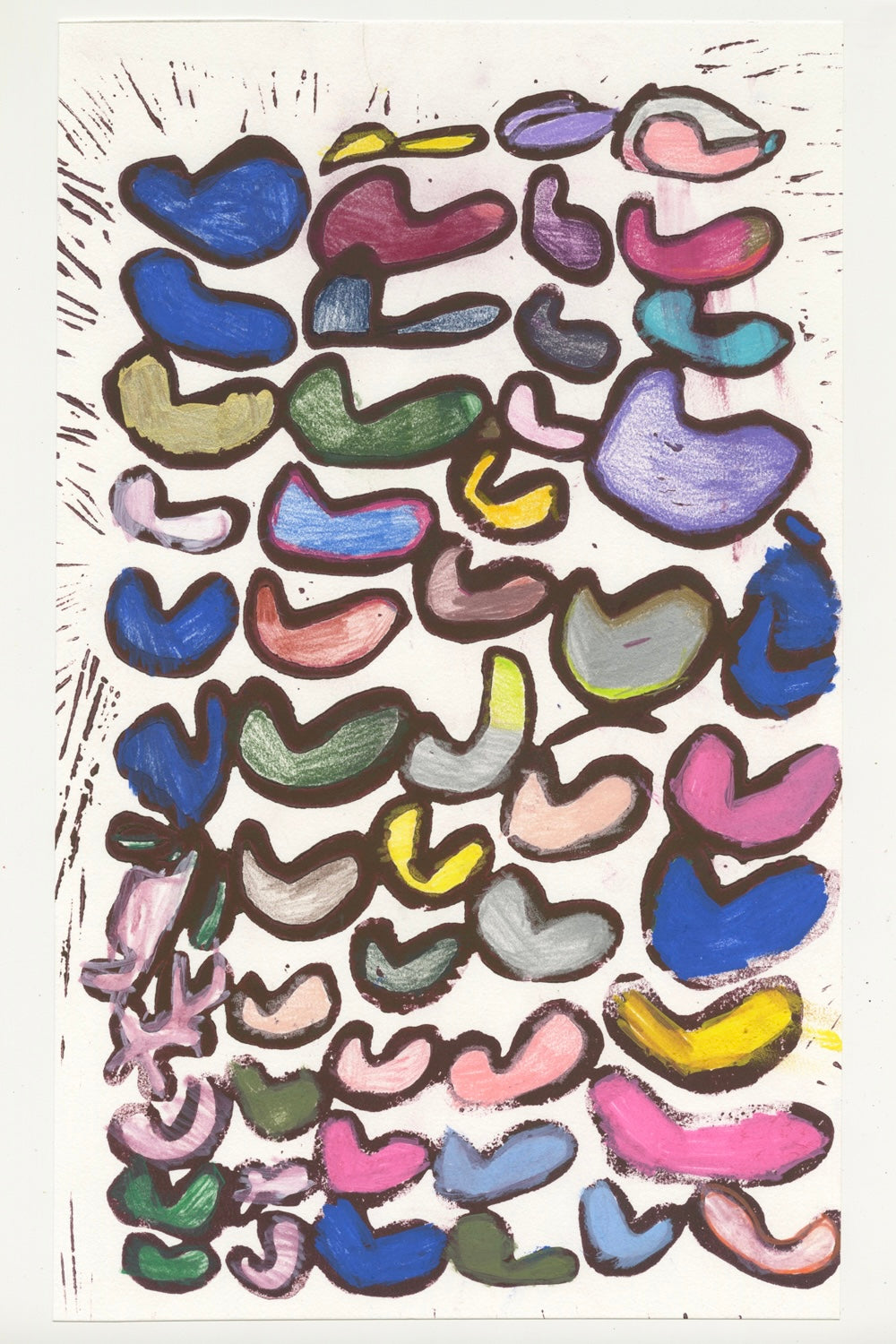 This linocut print is of hearts that vary in size and color. The hearts are shades of blue, pink, purple, green and yellow.