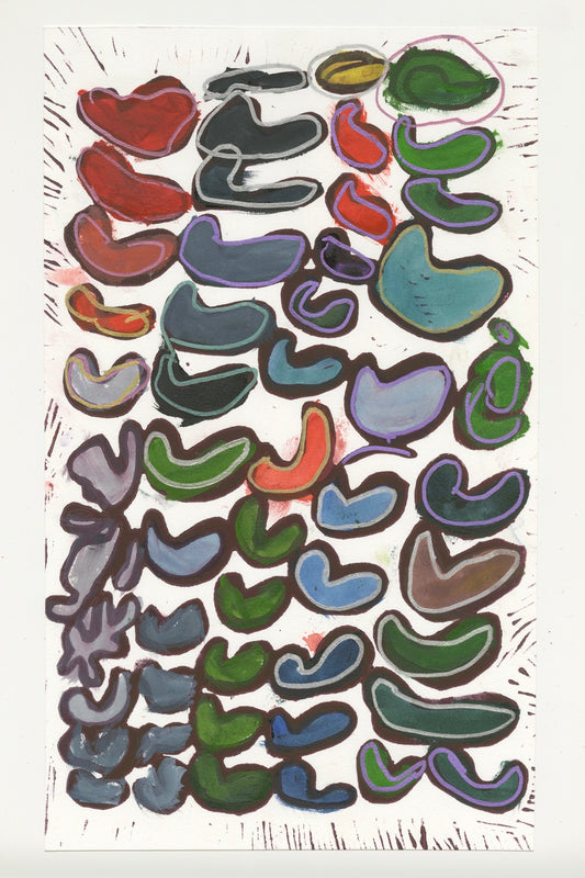 This is a linocut print of hearts that vary in color and sizes The hearts are outlined with a dark brown ink and are filled in with vibrant colors - red, orange, green, blue and yellow. There are also grey and purple outlines of the hearts.