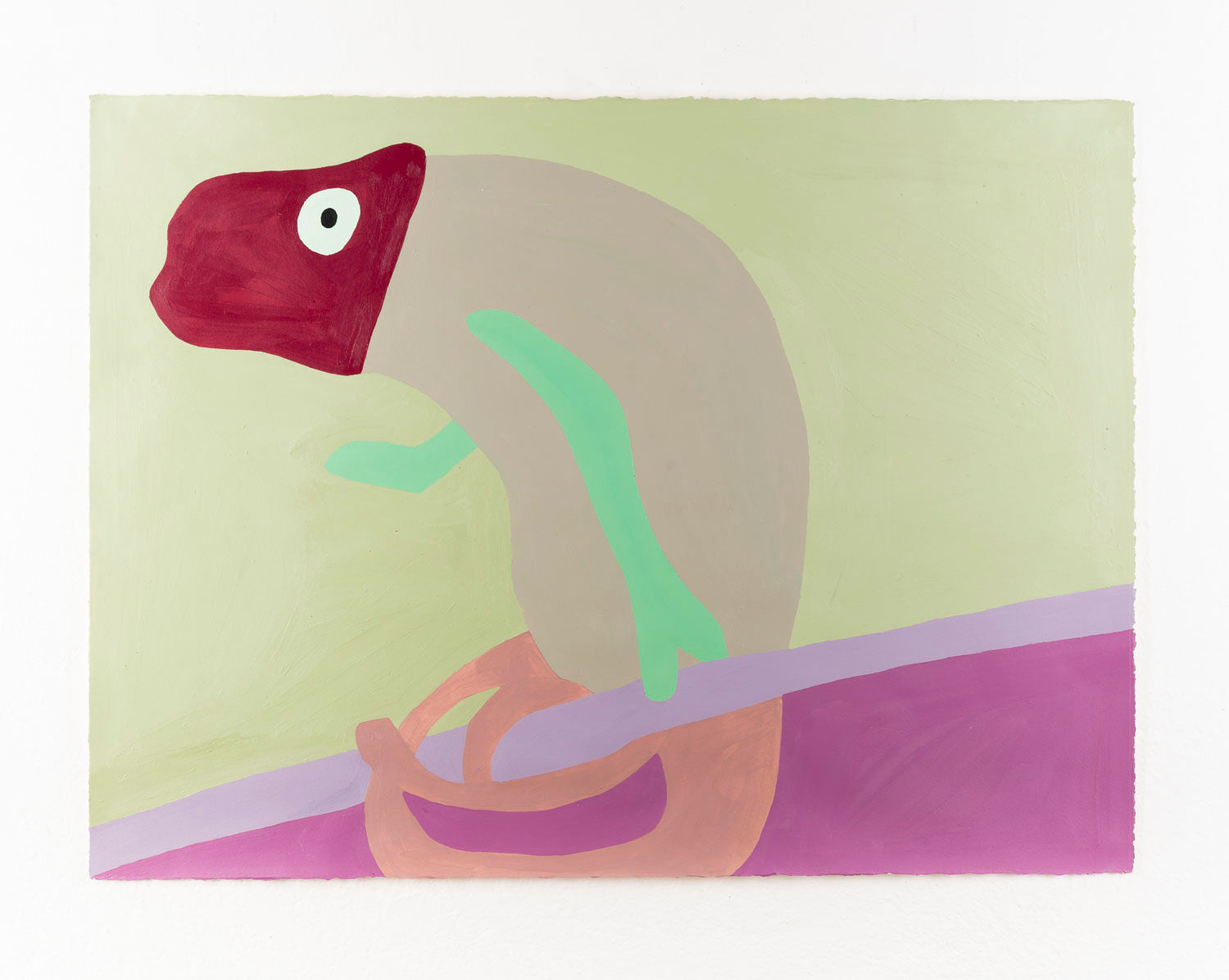 A stylized painting depicting a chameleon figure with simplified, abstract shapes. The creature's body is predominantly beige with a prominent maroon head featuring a bold, white eye with a black pupil. The figure includes bright green limbs that stand out against the muted background. It sits atop a curved structure, possibly a branch, illustrated in lavender, with purple colors below it. The background is a soft pale green, providing a subtle contrast to the vivid hues of the creature and the branch.