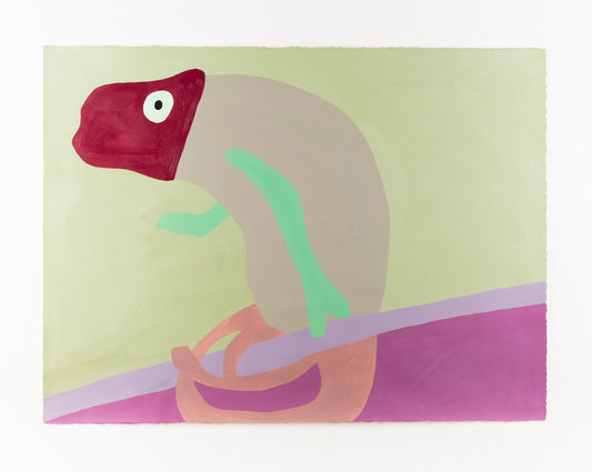 A stylized painting depicting a chameleon figure with simplified, abstract shapes. The creature's body is predominantly beige with a prominent maroon head featuring a bold, white eye with a black pupil. The figure includes bright green limbs that stand out against the muted background. It sits atop a curved structure, possibly a branch, illustrated in lavender, with purple colors below it. The background is a soft pale green, providing a subtle contrast to the vivid hues of the creature and the branch.