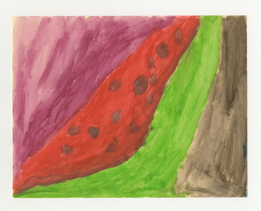 A watercolor painting of a slice of watermelon. The watermelon slice is diagonally painted against a purple and black background. 