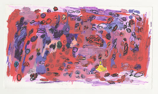 This abstract painting has vivid reds, purples, and pinks, with layered brushstrokes and scattered black scribble-like marks across the surface. Dense, energetic shapes and overlapping textures create a chaotic, expressive composition, with occasional small accents of yellow, blue, and green emerging from the background. 