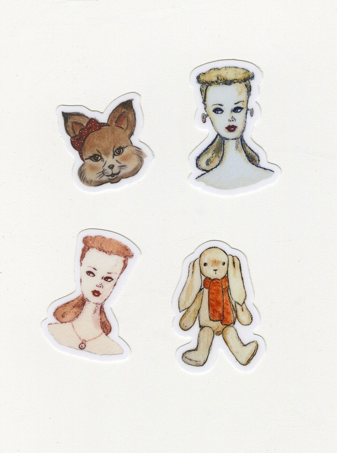 Four illustrated stickers of a fox, two Barbie-like dolls, a boy, and a bunny rabbit against a white background.