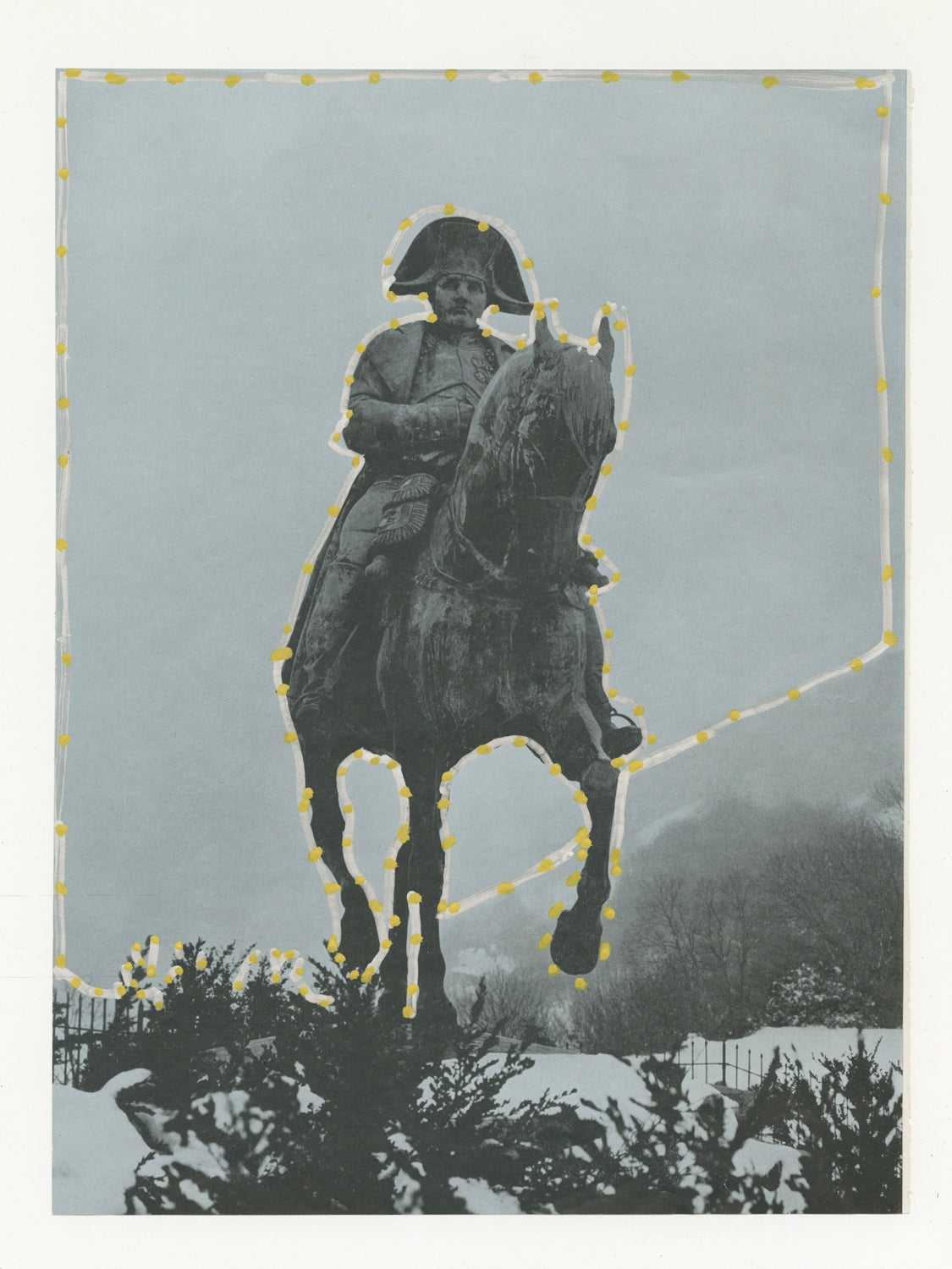 This mixed media piece incorporates gold and grey elements on a found magazine page. The magazine page contains a photograph of a man riding a horse. There are leaves in the foreground of the image, and the photograph seems to be taken from a lower perspective to make the man and the horse appear larger. The man, the horse and the border of the image is outlined in grey marker and gold dots.