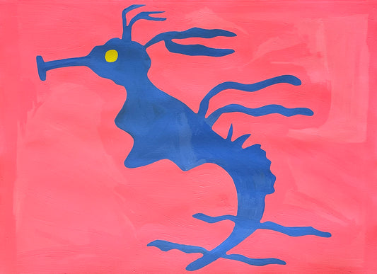 A painting on paper of a blue seahorse creature on a bright pink background. The paint is applied flatly to make the creature appear more like a cut out or symbol. The seahorse creature has a bright round yellow dot as an eye, a long tube snout, and many wiggling appendages extending from its back. 