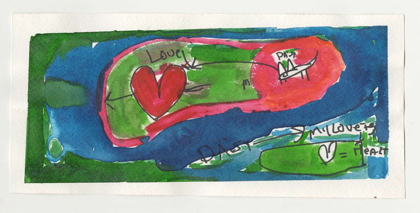 An abstract watercolor painting with a blend of vibrant colors. The central focus is a large, red heart set against a green background. Above the heart, the word "Love" is written in black. Connected by an arrow that points to the left, there an illustration of a dog labeled "Daisy" in black ink. To the bottom right a text that reads: "Daisy -> My Love," the symbol of a heart <3 = heart. 